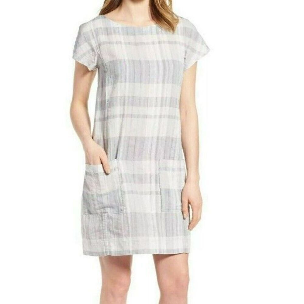 Eileen Fisher Size Small Airy Organic Linen Cotton Gray Plaid Shift Dress Pocket